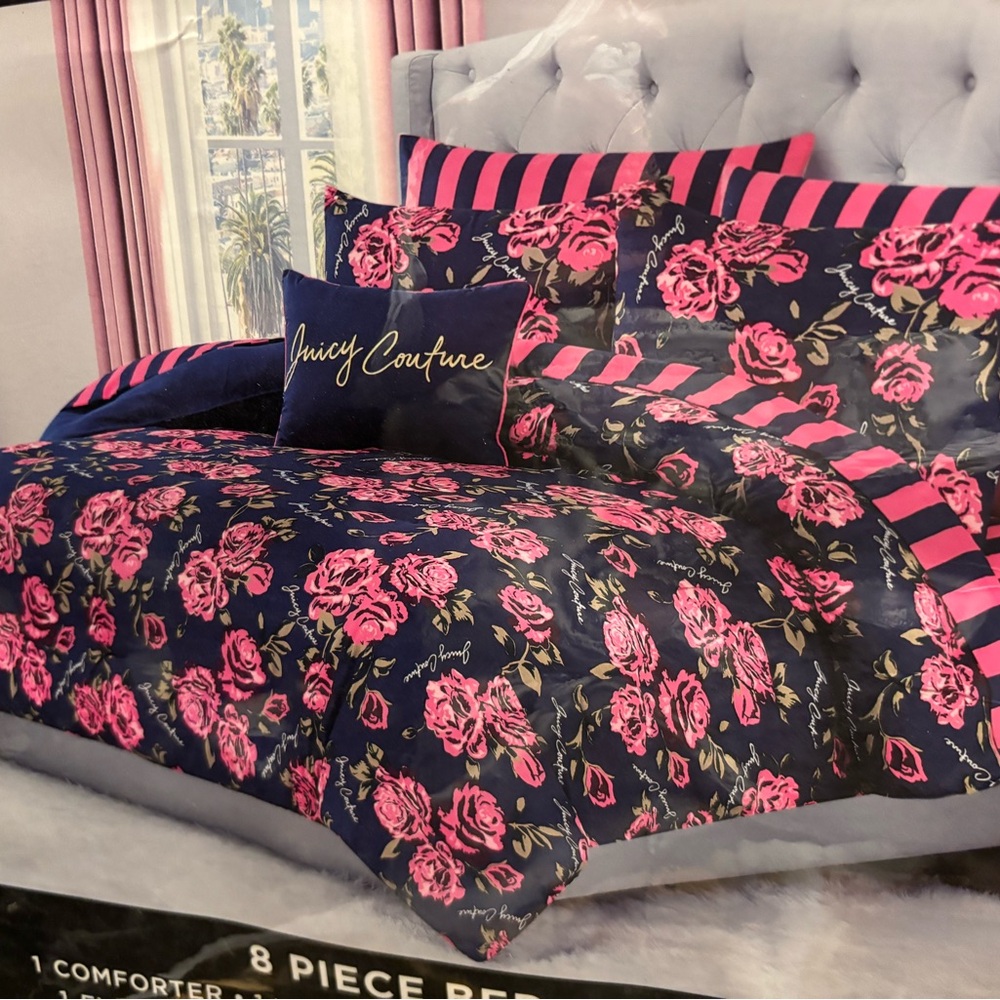 Juicy Couture Navy and Pink Rose Comforter Set,2 shame